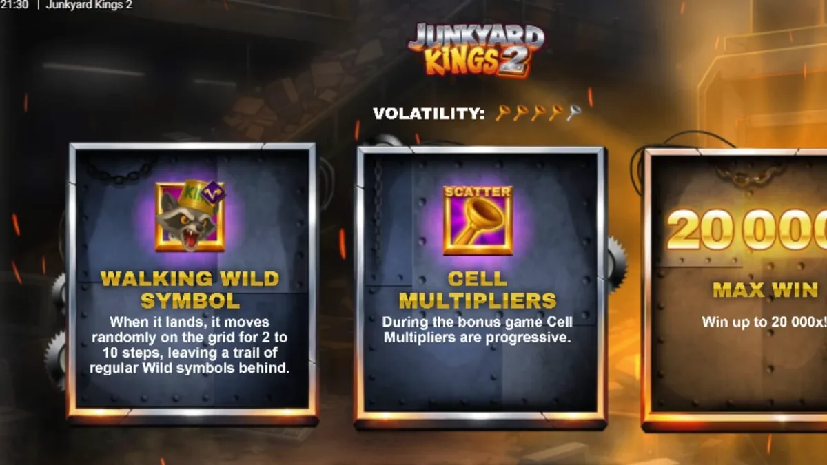 Tampilan visual slot Junkyard Kings 2 dengan tema rakun dan tumpukan sampah industri.